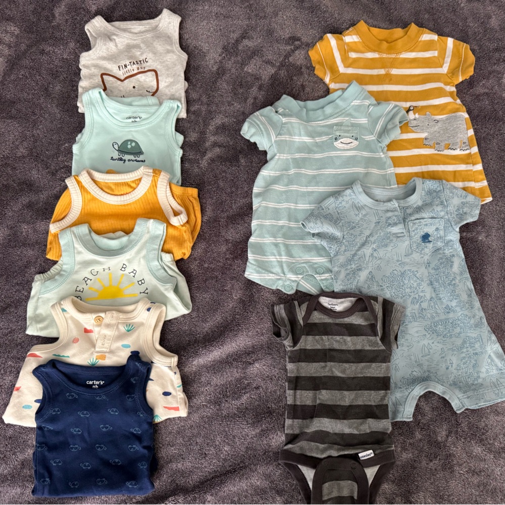 Assorted Baby Onesies in Blue, Yellow, and Gray